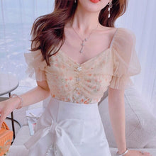 Load image into Gallery viewer, 2021 Summer Floral Kawaii Top Women Print Short Sleeve Elegant Chic Korean Clothing Holiday French Retro Pretty Lace Tops Female