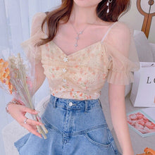 Load image into Gallery viewer, 2021 Summer Floral Kawaii Top Women Print Short Sleeve Elegant Chic Korean Clothing Holiday French Retro Pretty Lace Tops Female