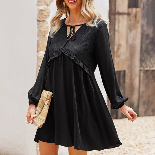 2021 Summer Floral Lace Dress Women's V Neck Ruffle Party Dress A-Line Cute Vintage Mini Dress Long Sleeve Elegant Vestido Beach
