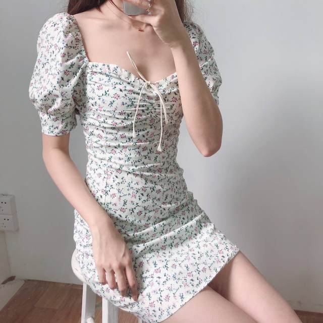 2021 Summer French Boho Floral Print Tie Neck Mini Sexy White Women Dress Elegant Puff Sleeve Y2k Casual Party Beach Light Robe