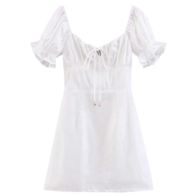 2021 Summer French Retro Boho Slash Neck Mini Sexy White Women Dress Elegant Puff Sleeve Y2k Casual Party Beach Light Dress Robe