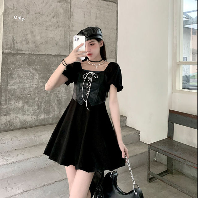 2021 Summer Harajuku Y2k Mini Dress Women Patchwork Bandage Fit Chic Designer Dress Short Sleeve High Street Korean Casual Dress