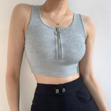 Load image into Gallery viewer, 2021 Summer High Waist Short Crop Top Feminine Fashion Round Neck Zipper T-Shirt European And American Street Sports White Top