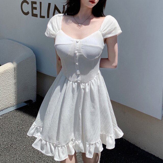 2021 Summer Holiday Beach Spaghetti Strap Dresses Women Buttons Fashion Ruffles White Black Mini Robe Vestidos Vestido De Mujer