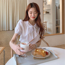 Load image into Gallery viewer, 2021 Summer Japanese Kawaii White Blouses Korean Sweet Lace Bubble Sleeve Tops Elegant College Style holiday Lace-up Blouses New