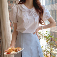 Load image into Gallery viewer, 2021 Summer Japanese Kawaii White Blouses Korean Sweet Lace Bubble Sleeve Tops Elegant College Style holiday Lace-up Blouses New
