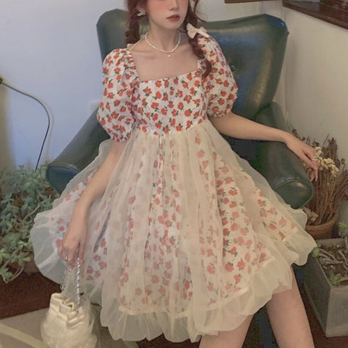 2021 Summer Kawaii Floral Dress Women Vintage Sweet Cute Fairy Print Mini Dress Japanese Pretty Princess Gauze Puff Sleeve Dress