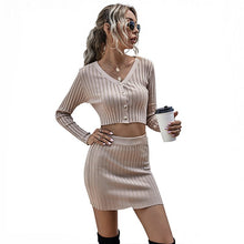 Load image into Gallery viewer, 2021 Summer Knit Sweater Skirt Suit Solid Color Temperament Commuter Knitted Long-Sleeved Short Slim Slimming
