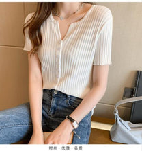 Load image into Gallery viewer, 2021 Summer Knitted V-neck Cardigan Knitwear Women Short Sleeve Single Breasted Tops Sweater Solid Korean Fashion Jumpers Femme