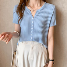 Load image into Gallery viewer, 2021 Summer Knitted V-neck Cardigan Knitwear Women Short Sleeve Single Breasted Tops Sweater Solid Korean Fashion Jumpers Femme