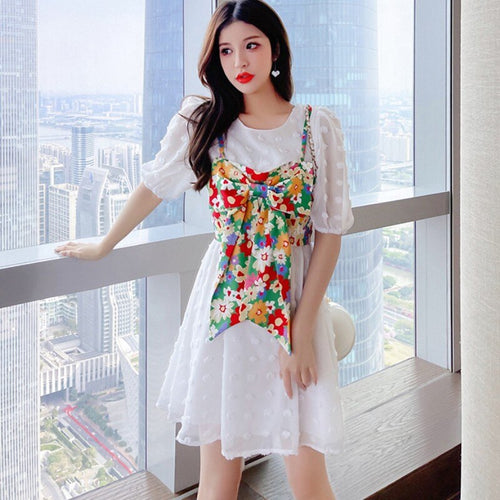 2021 Summer Korean New Fashion White Chiffon Vintage Dress Fake Two-piece Bowknot Short Sleeve Sexy Party Mini Dress