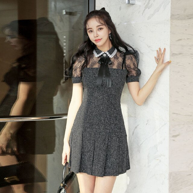 2021 Summer Korean Style Women Elegant Sweet Bow Lace Stitching Slim A-line Dress Office Lady Party Mini Dress Vestido Feminino