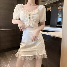 Load image into Gallery viewer, 2021 Summer Lace Patchwork White 2 Piece Sets Womens Outfits Crop Top Korea Short Sleeve Casual Women Strappy Blouses+Mini Skirt