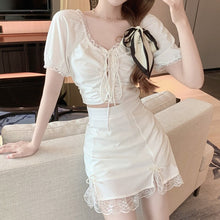 Load image into Gallery viewer, 2021 Summer Lace Patchwork White 2 Piece Sets Womens Outfits Crop Top Korea Short Sleeve Casual Women Strappy Blouses+Mini Skirt