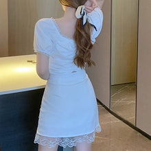 Load image into Gallery viewer, 2021 Summer Lace Patchwork White 2 Piece Sets Womens Outfits Crop Top Korea Short Sleeve Casual Women Strappy Blouses+Mini Skirt