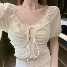 Load image into Gallery viewer, 2021 Summer Lace Patchwork White 2 Piece Sets Womens Outfits Crop Top Korea Short Sleeve Casual Women Strappy Blouses+Mini Skirt