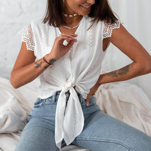 Load image into Gallery viewer, 2021 Summer  Lace Patchwork Women&#39;s Shirt Sexy V-neck White Bow Crop Top Female Shirts New Sexy Fashion Streetwear Ladies Tops