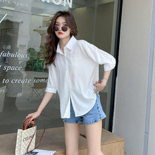 Load image into Gallery viewer, 2021 Summer Lapel white medium sleeve temperament fashionable loose shirt workwear versatile sexy backless show thin elegant off