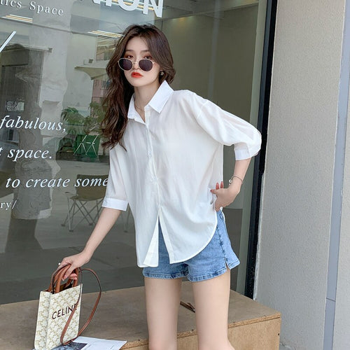 2021 Summer Lapel white medium sleeve temperament fashionable loose shirt workwear versatile sexy backless show thin elegant off