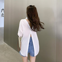 Load image into Gallery viewer, 2021 Summer Lapel white medium sleeve temperament fashionable loose shirt workwear versatile sexy backless show thin elegant off