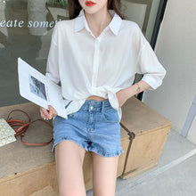 Load image into Gallery viewer, 2021 Summer Lapel white medium sleeve temperament fashionable loose shirt workwear versatile sexy backless show thin elegant off