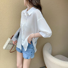Load image into Gallery viewer, 2021 Summer Lapel white medium sleeve temperament fashionable loose shirt workwear versatile sexy backless show thin elegant off