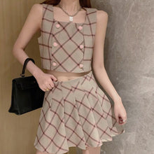 Load image into Gallery viewer, 2021 Summer New 3 Piece Sets Womens Outfits White Short Sleeve Shirt+Pleated Mini Skirts+Short Plaid Vest Casual Ensembles Femme