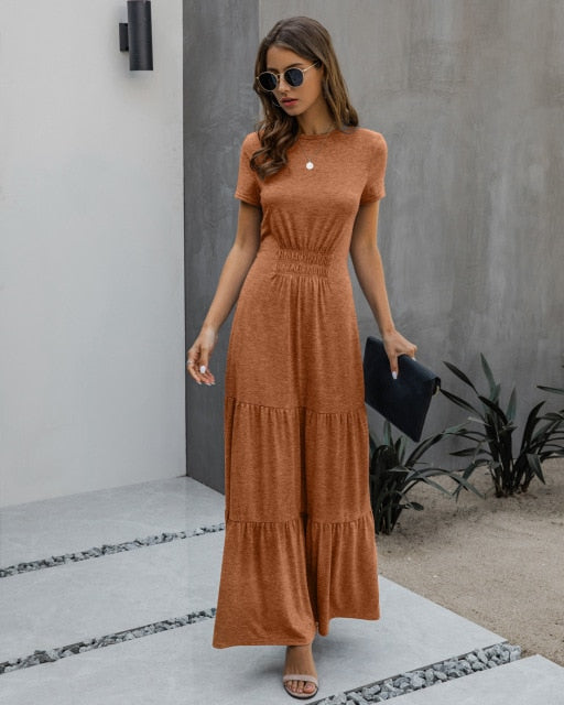 2021 Summer New Casual Maxi Dress Women Elegant O Neck Short Sleeve Solid Draped Hight Waist Ruffle Party Dressses Robe Vestidos
