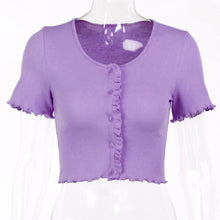 Load image into Gallery viewer, 2021 Summer New Fashion Personality Round Neck Sexy Personality Cardigan Button Cropped Short Sleeved Women&#39;s Top