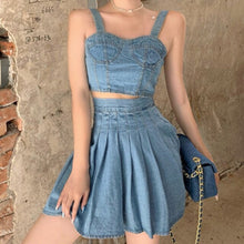 Load image into Gallery viewer, 2021 Summer New Fashion Skirts Sets Crop Top Women Denim Vest +Pleated Mini Skirts Two Piece Sets Womens Outfits Ensembles Femme