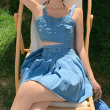 Load image into Gallery viewer, 2021 Summer New Fashion Skirts Sets Crop Top Women Denim Vest +Pleated Mini Skirts Two Piece Sets Womens Outfits Ensembles Femme