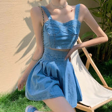 Load image into Gallery viewer, 2021 Summer New Fashion Skirts Sets Crop Top Women Denim Vest +Pleated Mini Skirts Two Piece Sets Womens Outfits Ensembles Femme