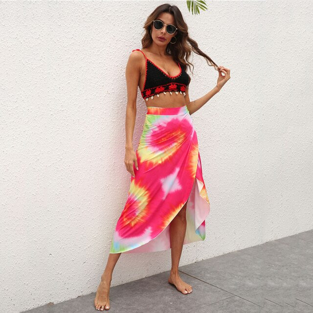 2021 Summer New Fashion Tie-Dye Color Matching Printed Lace-Up Skirt One-Piece