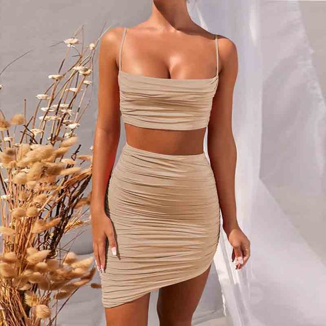 2021 Summer New Fashion Women's Folds Sexy Low-Cut Camisole Two-Piece Irregular Package Hip Skirt