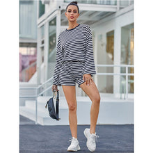 Load image into Gallery viewer, 2021 Summer New Fashion Women&#39;s INS Casual Round Neck Black And White Striped Two-Piece Pants Suit