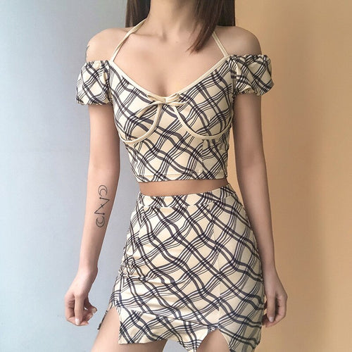 2021 Summer New Fashion Women's Plaid Sexy Slim  Halter Two-Piece Dress