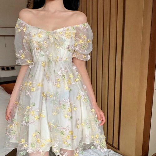 2021 Summer New Floral Print Elegant Dress Women Puff Sleeve Lace Chiffon Dress Women Vintage Fairy Dress Ladies Dresses Gothic