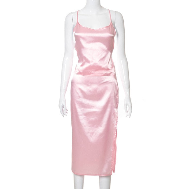 2021 Summer New Halter Satin Lace Up Slit Dress Sets Skirt Women's Suit Two Piece Set Outfit