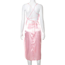 Load image into Gallery viewer, 2021 Summer New Halter Satin Lace Up Slit Dress Sets Skirt Women&#39;s Suit Two Piece Set Outfit