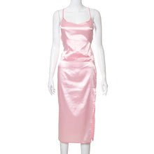 Load image into Gallery viewer, 2021 Summer New Halter Satin Lace Up Slit Dress Sets Skirt Women&#39;s Suit Two Piece Set Outfit