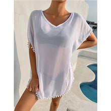 Load image into Gallery viewer, 2021 Summer New Ladies Outer Blouse Sunscreen Beachwear White Chiffon Wool Ball Sexy Bikini