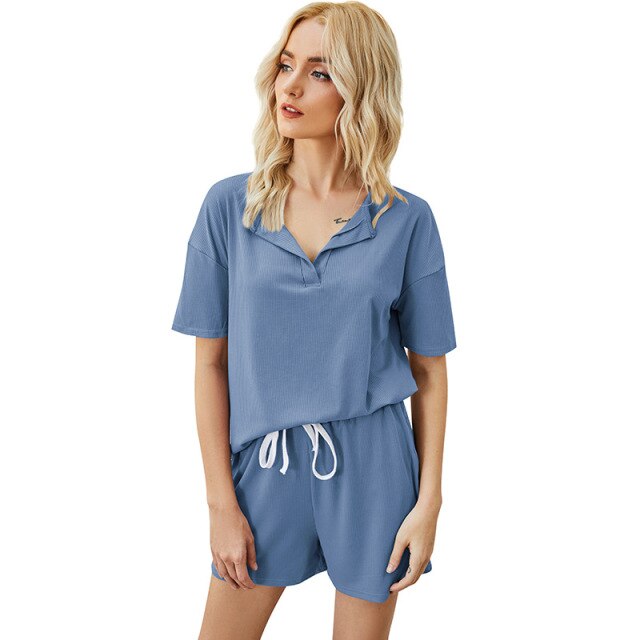 2021 Summer New Product Women's Threaded Fabric V-Neck Top + Shorts With Pocket Casual Suit