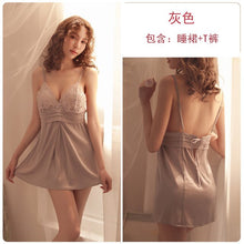 Load image into Gallery viewer, 2021 Summer New Sexy Lace Backless Mesh Sling Underwear with Thong Sets Women Satin Homewear Sleepwear Deep V Temptation Pajamas