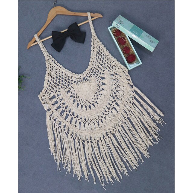2021 Summer New Sexy Perspective Handmade Crochet Tassel Stitching Beach Bikini Top Suspender Skirt