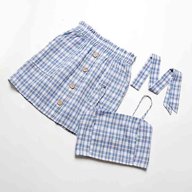 2021 Summer New Sexy Sweet Plaid Sling Skirt Button Decoration Two-Piece Female
