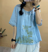 Load image into Gallery viewer, 2021 Summer New Shirt Women Retro Loose Oblique placket button Drawstring Tops  Blouse O-Neck Short Sleeve Embroidery Shirt