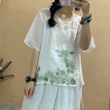 Load image into Gallery viewer, 2021 Summer New Shirt Women Retro Loose Oblique placket button Drawstring Tops  Blouse O-Neck Short Sleeve Embroidery Shirt