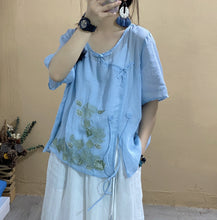 Load image into Gallery viewer, 2021 Summer New Shirt Women Retro Loose Oblique placket button Drawstring Tops  Blouse O-Neck Short Sleeve Embroidery Shirt