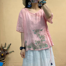 Load image into Gallery viewer, 2021 Summer New Shirt Women Retro Loose Oblique placket button Drawstring Tops  Blouse O-Neck Short Sleeve Embroidery Shirt