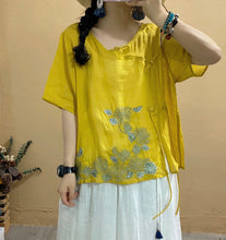 Load image into Gallery viewer, 2021 Summer New Shirt Women Retro Loose Oblique placket button Drawstring Tops  Blouse O-Neck Short Sleeve Embroidery Shirt